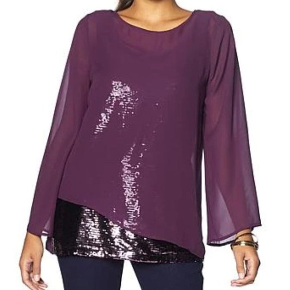 NWT DG2 by Diane Gilman Asymmetric Sequin Blouse